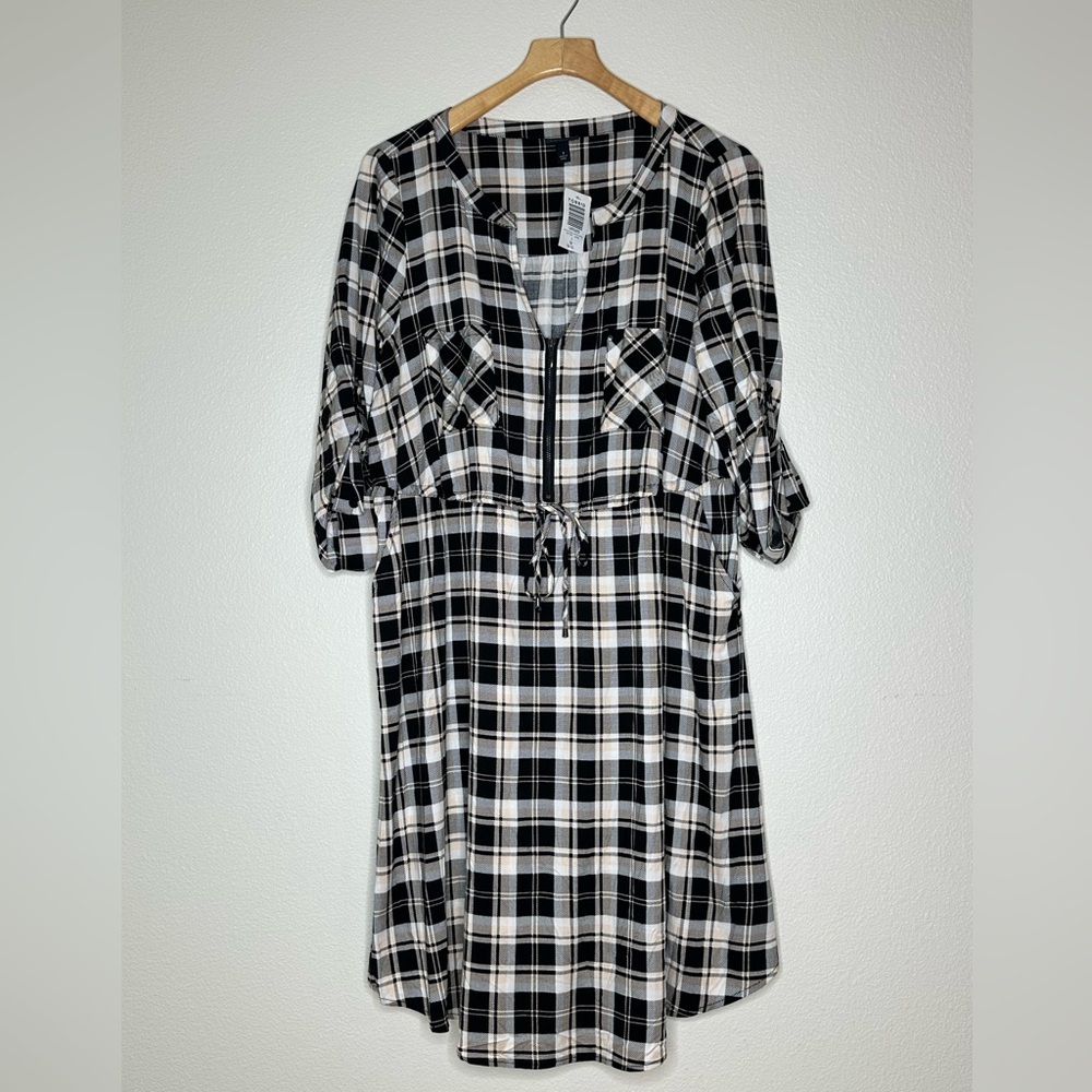 Torrid Black Plaid Long Sleeve Shirtdress, Size 1, New with Tags.